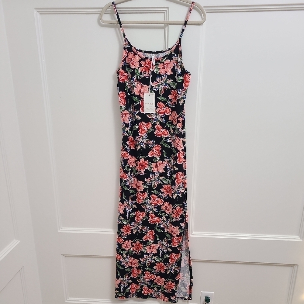 NEW Emily Stacy Women Black Flower Casual Spaghettis Strap Dress L. MSRP $50